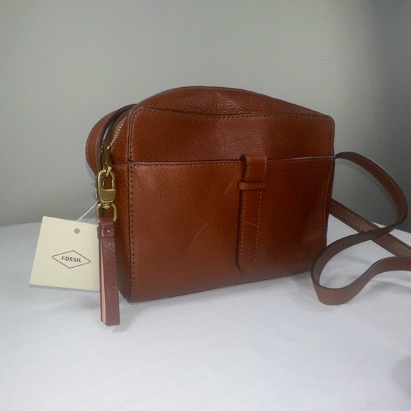 NWT Fossil Sydney Leather Camera Crossbody Medium Brown Cognac - Picture 3 of 15